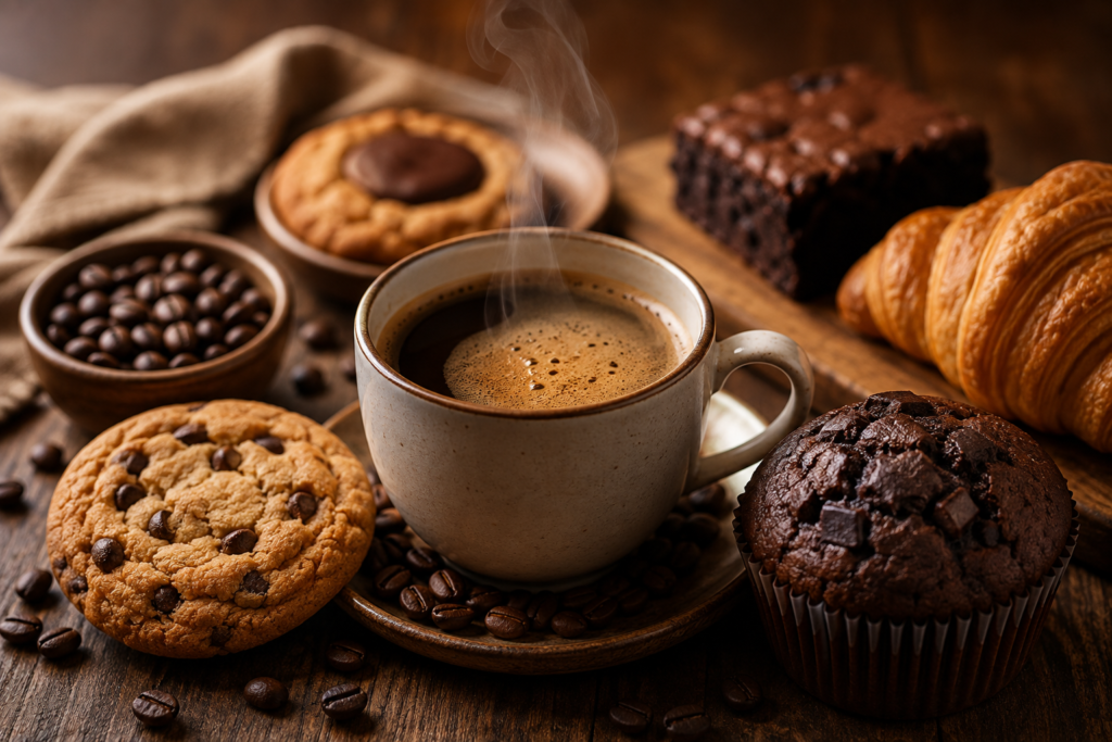 cozy cafe interior with coffee and snacks