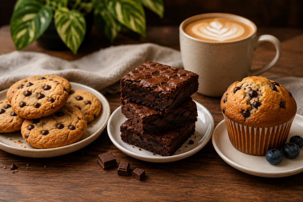 Cookies, chocolate brownies and chocolate chip muffin served with coffee as popular cafe snacks