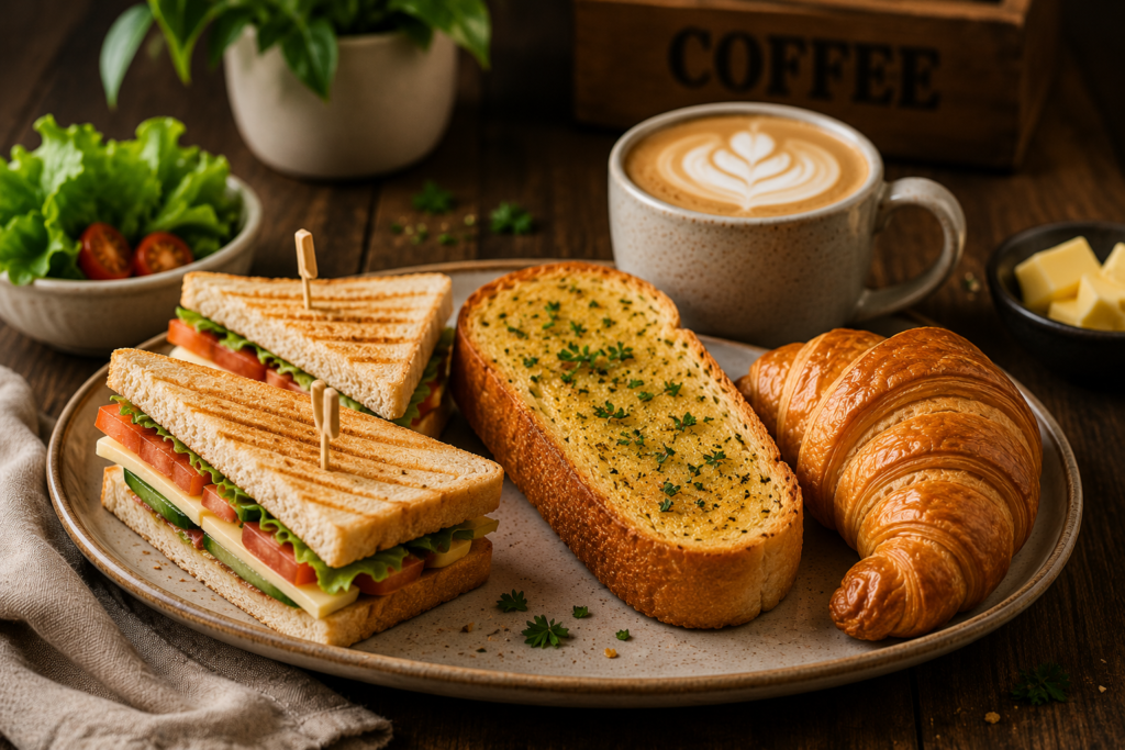 Sandwiches, garlic bread and croissants served with coffee as popular savory cafe snacks