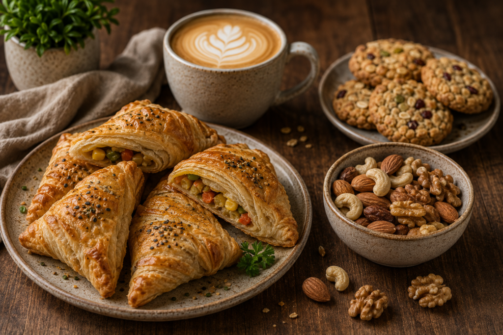 Veg puff, banana bread and oat cookies served with coffee as popular cafe snacks
