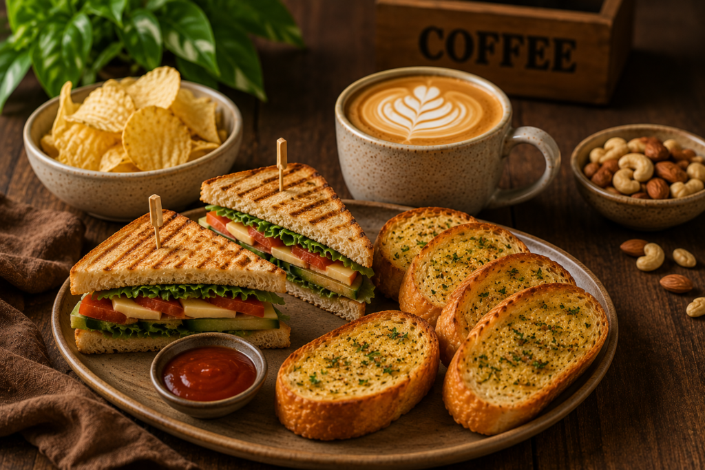 Healthy vegetable sandwich, fruit and nut snacks, and oat-based snacks served with coffee