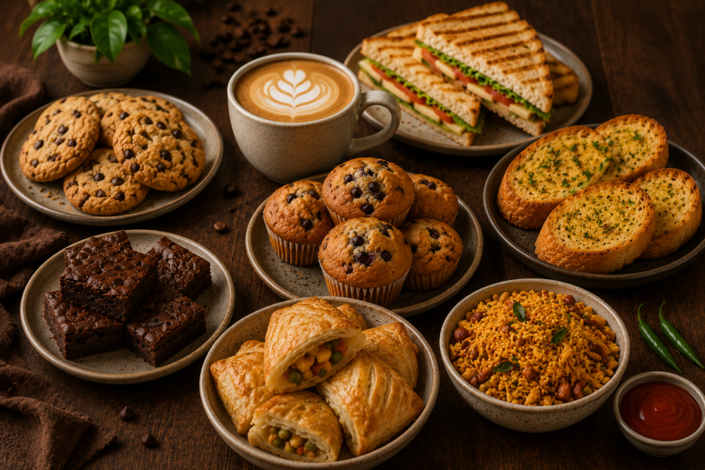 Whole-grain sandwiches, roasted nuts and Indian snacks served with coffee